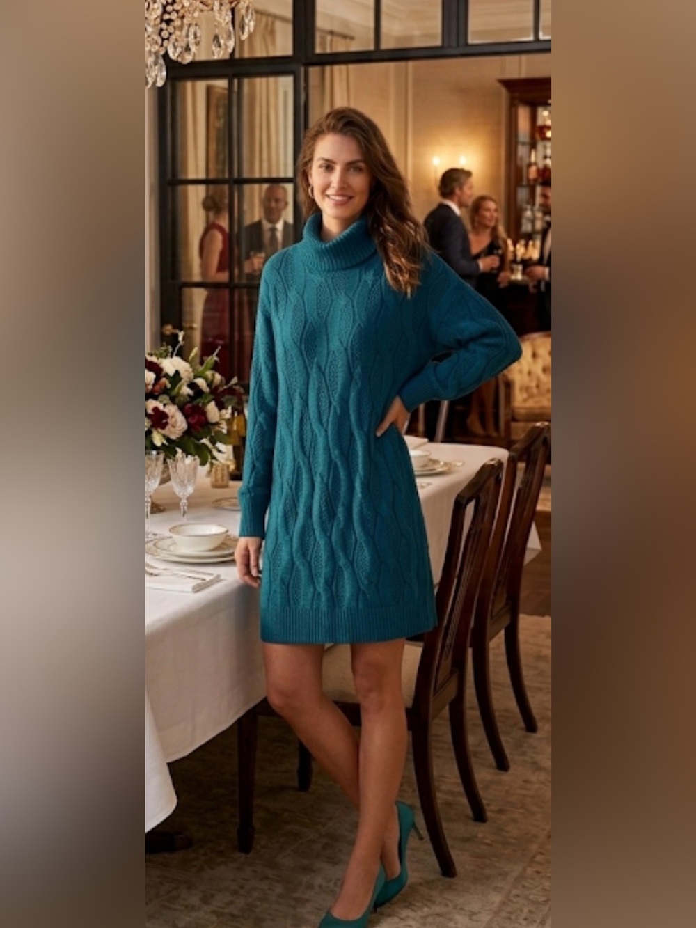 Teal Blue Cable Knit Turtleneck Sweater Dress Size S